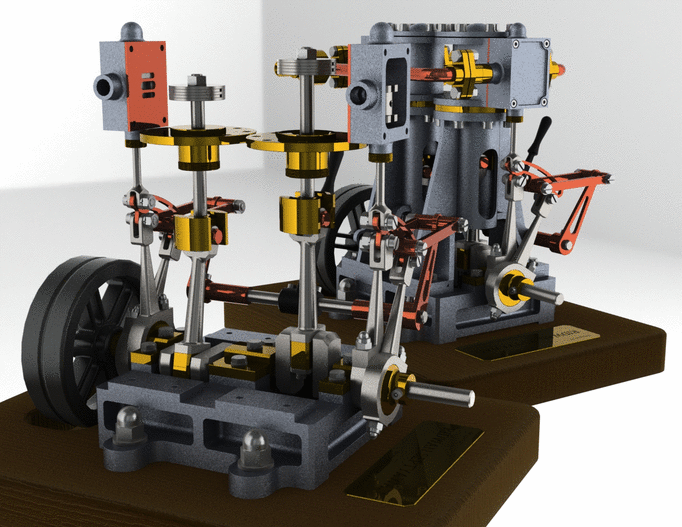 垂直双蒸汽机反向齿轮 斯特林发动机SolidWorks igs 带二维pdf图纸